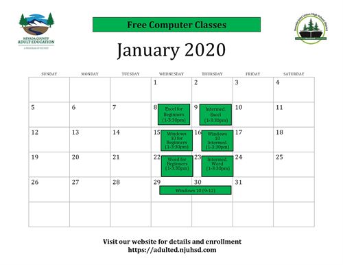 January 2020 calendar of free computer classes